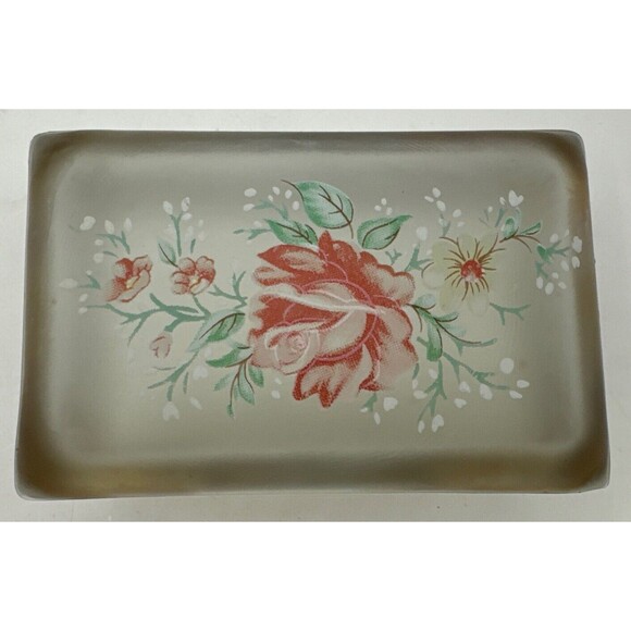 Trinket Box with Hinged Lid Brass Frosted White Hand Painted Floral Roses - Picture 1 of 9